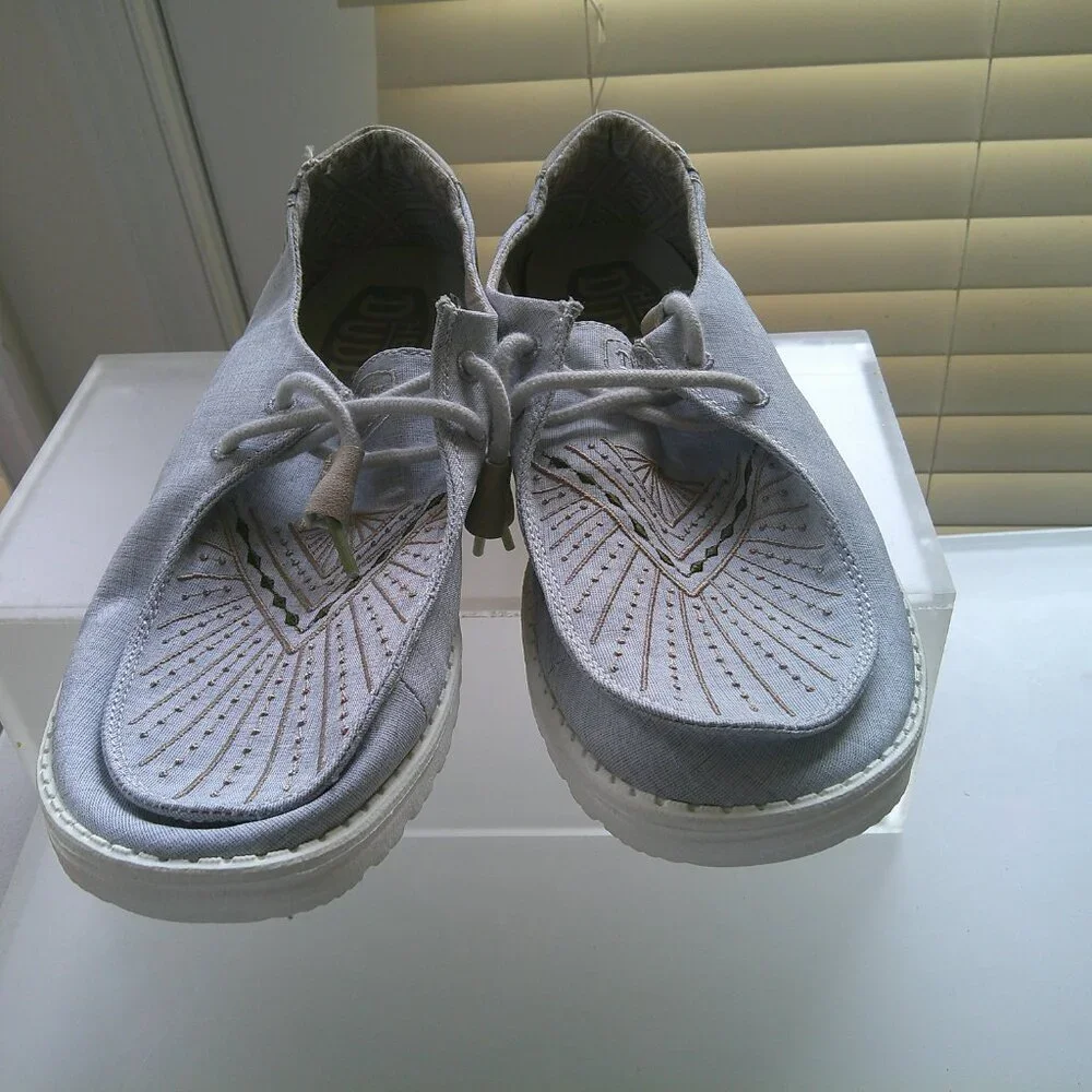 HEY  DUDE Wally Gray Chambray Slip On Shoes Mens 11 Lightweight Comfort Summer